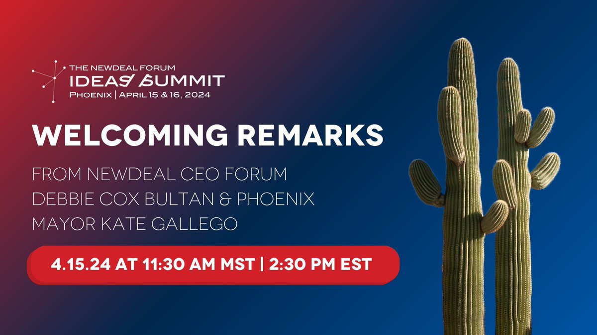 We’re less than one week away from #IdeasSummit2024, which kicks off at 11:30 AM MST / 2:30 PM EST on Monday, April 15th, with Welcoming Remarks from NewDEAL Forum CEO @debbiecoxbultan & @MayorGallego. Get ready to join us on our livestream: newdealforum.org/forum-events/2…