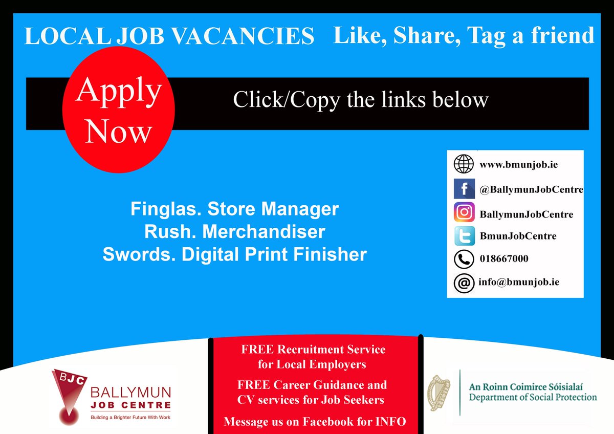 👉 Visit us at: Bmunjob.ie

Vacancies #bmunjob #jobfairy #dublinjobS
Finglas. Store Manager
is.gd/Pb9t0Q
Rush. Merchandiser
is.gd/ypjKW0
Swords. Digital Print Finisher
is.gd/oqM0OW
