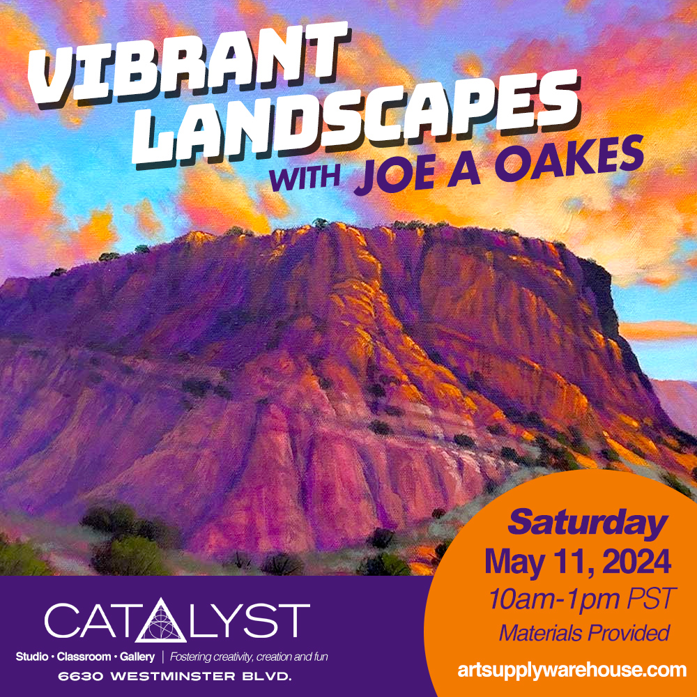 Learn how to paint a vibrant acrylic landscape with step by step instruction from artist Joe A Oakes (@joeaoakesfineart). Joe will teach you about composition, layering with acrylic, color mixing and how to paint textures and more! Sat, May 11 ✔ 10am - 1pm Materials Provided