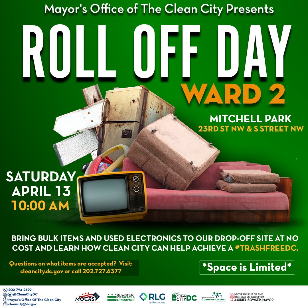 Join us in Ward 2 this weekend on Saturday, April 13th, at 10 am at Mitchell Park. Let's come together to dispose of bulk trash and e-waste while connecting with the Mayor's Office of the Clean City. Let's keep #TrashFreeDC! See you there!🌱