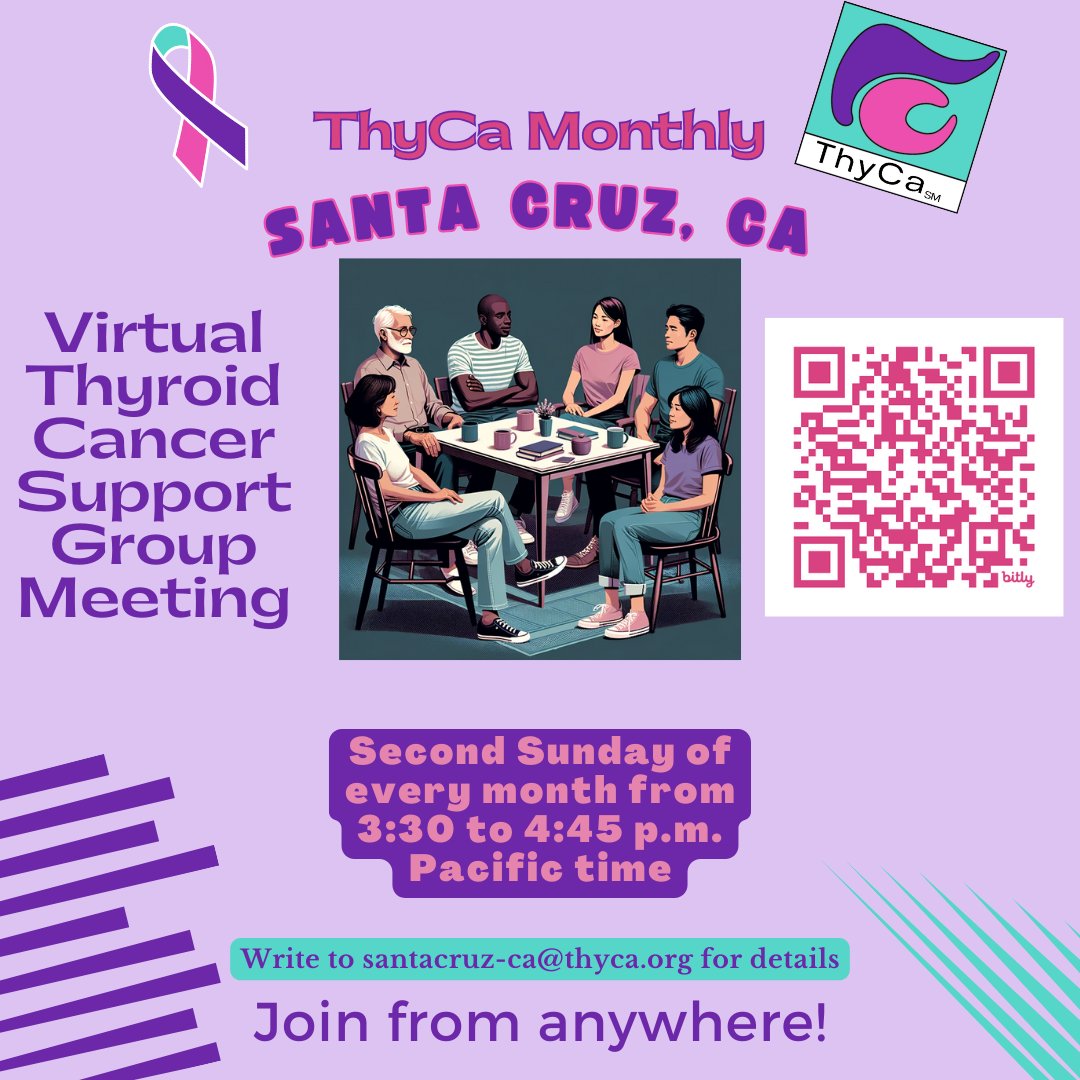 Mark your calendars for this coming Sunday when ThyCa Santa Cruz holds their FREE virtual meetings on Zoom at 3:30 PM Pacific. Members of our group or others are welcome. Please email our group facilitators at santacruz-ca@thyca.org for the instructions on how to join us. #ThyCa