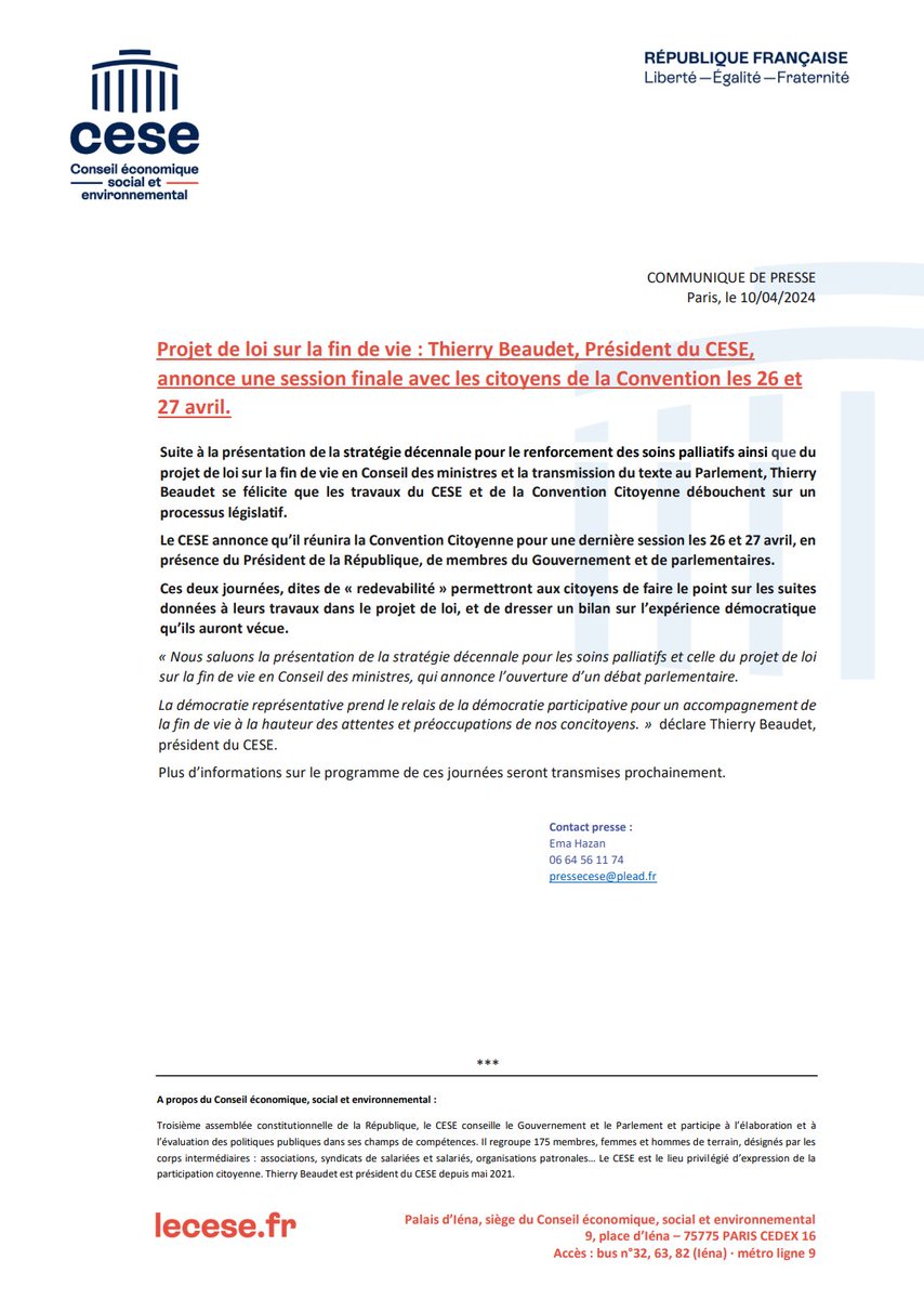 📅 #Projetdeloi sur la #findevie : session finale de la #Conventioncitoyenne sur la #FindeVie @lecese réunira la #ConventionCitoyenne pour une dernière session les 26 et 27 avril, en présence d'@EmmanuelMacron, de membres du @gouvernementFR et de Parlementaires. ⬇️