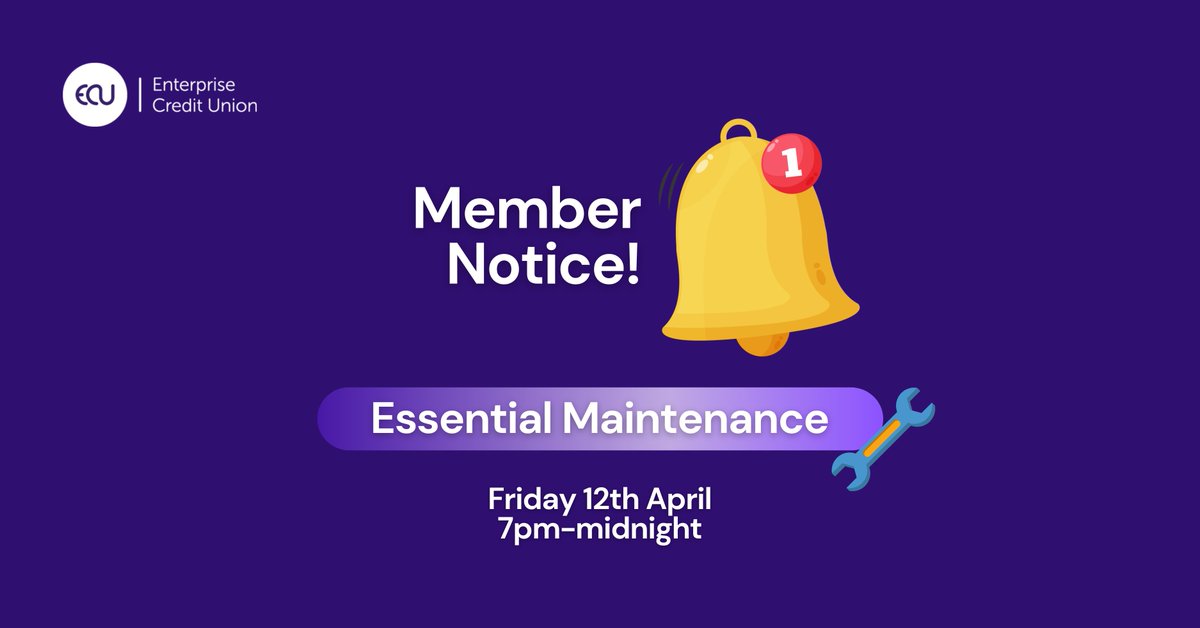 Our systems will be undergoing maintenance from 7pm - midnight this Friday (12th). You will be unable to access your online ECU account and the app will be unavailable until the maintenance is complete. Thanks for your patience - we're working hard to improve our services! 📲