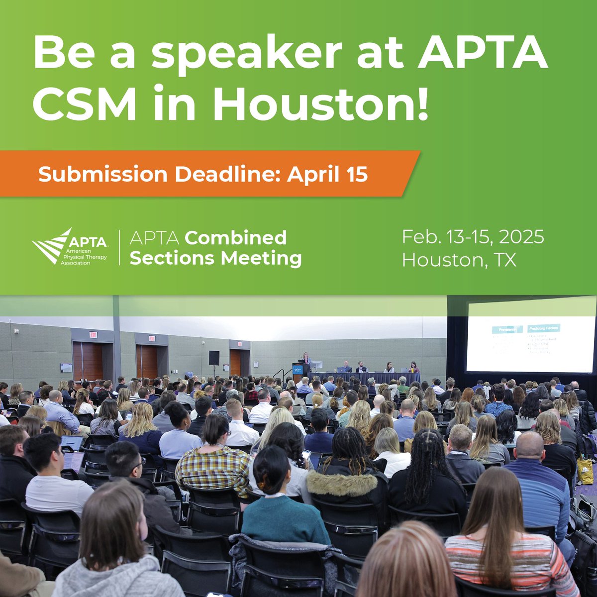 ⏰ Reminder: Session proposals for #APTACSM in Houston are due on Monday, April 15! Be a speaker and lead an educational session or preconference course — submit your proposal now: apta.org/csm/programmin…