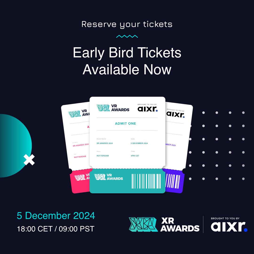 🎟️ Secure your spot in the future of tech! Early Bird tickets for the 8th International XR Awards 2024 are already up. Mark your calendars! 🚀 #XR2024 ➡️ xrawards.aixr.org/tickets/