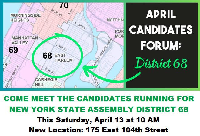 Come meet the candidates running for New York State Assembly District 68 at our April Membership Meeting Candidates Forum this Saturday, April 13, at 10 AM at the @MNNNYC Firehouse Community Center (175 East 104th Street) in East Harlem. NEW LOCATION! weact.org/event/april-me…