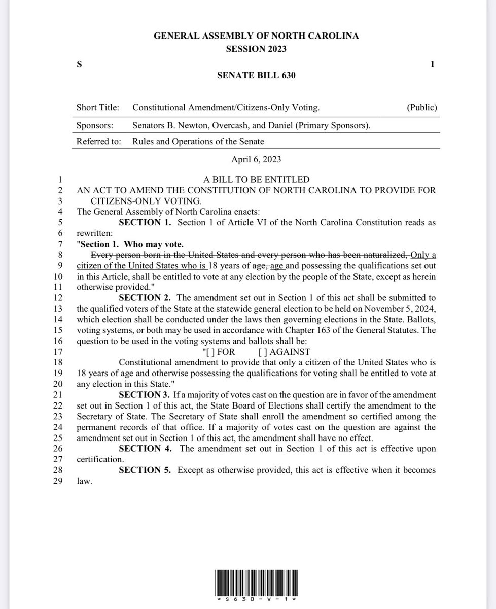 🚨NEW NC LEG BILL🚨
S630NC
“AMEND THE CONSTITUTION OF NC TO PROVIDE FOR CITIZEN ONLY VOTING🔥

#ncpol