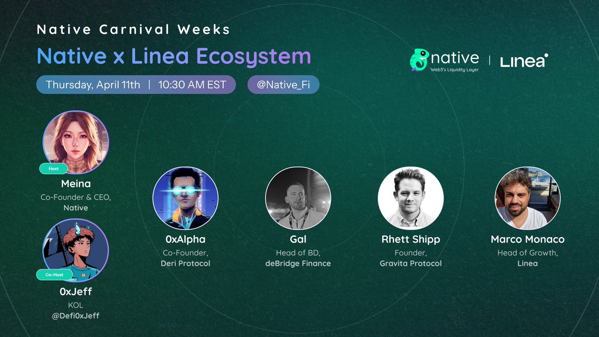 Our next round - @LineaBuild!🌟 With ecosystem partners @DeriProtocol @deBridgeFinance @gravitaprotocol to go through programmable liquidity to DeFi on Linea! @Defi0xJeff will be our moderator this time! ⏰ April 11th 10:30AM EST 🦎 x.com/i/spaces/1zkkz…