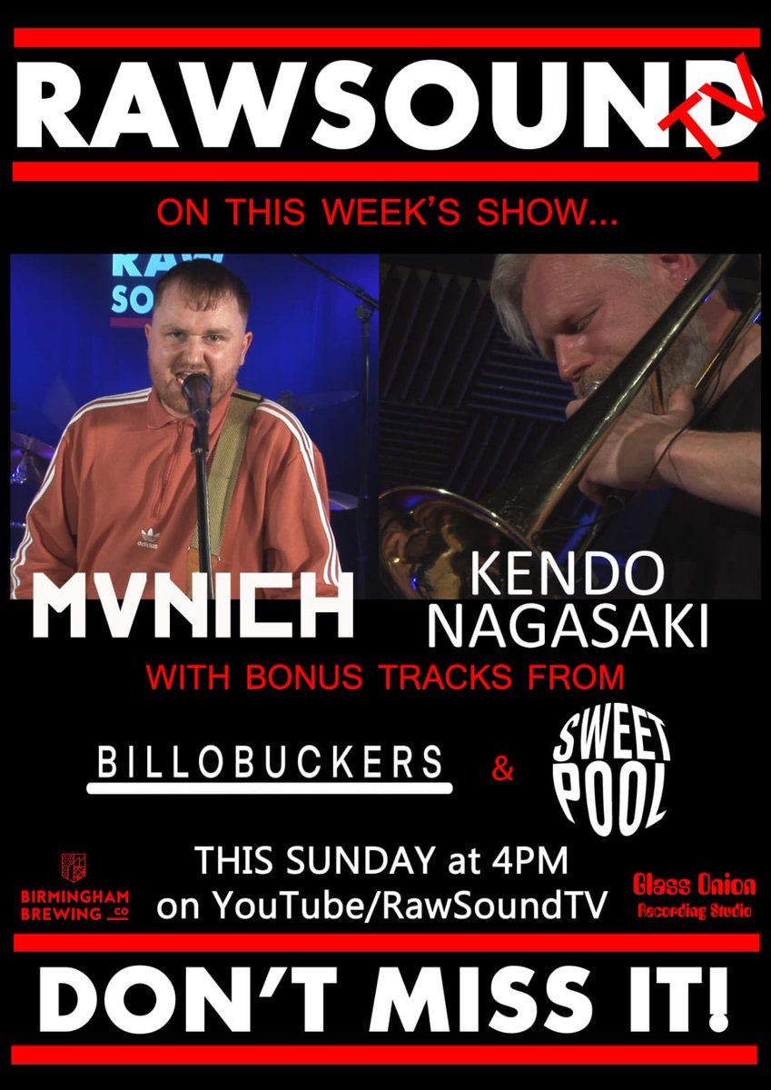 🚨NEW SHOW🚨Join us this Sunday at 4pm for a brand episode of the best new music show from right here in #Brum We’ve got 2 fantastic performances from @Mvnichband & #KendoNagasaki PLUS bonus tracks from @BILLOBUCKERS & #Sweetpool youtube.com/@RawSoundTV?fe… #NewMusic