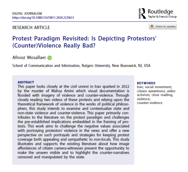 ONLINE FIRST! Is depicting protestors' violence always associated with negative values? Drawing on the civil unrest in Iran following Mahsa Amini's murder, @afroozmsl examines images of violence and counter-violence, challenging the protest paradigm. ➡️tandfonline.com/doi/full/10.10…