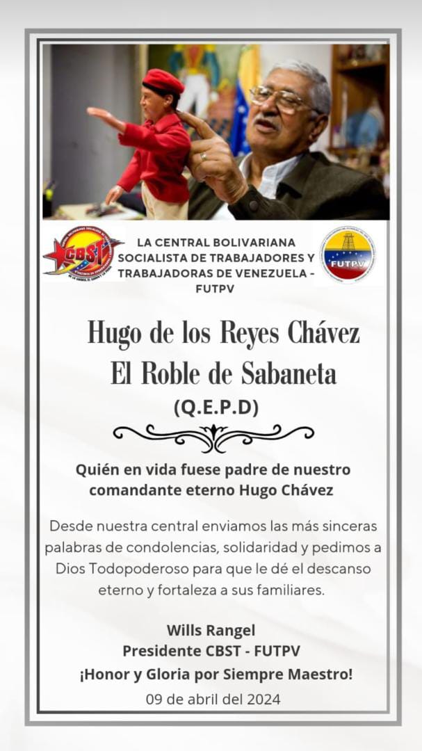 Se nos fue un gran hombre, un padre, un amigo del pueblo... nuestro roble! De Barinas 
Seguiremos tu legado ese que nos dejaste en vida junto al gigante #HugoChavez  Desde la cuna de la Revolución Bolivariana toda la fuerza a toda la Familia #CHÁVEZ desde la <a href="/cbolivariana/">Central Bolivariana CBST</a> #FUTPV