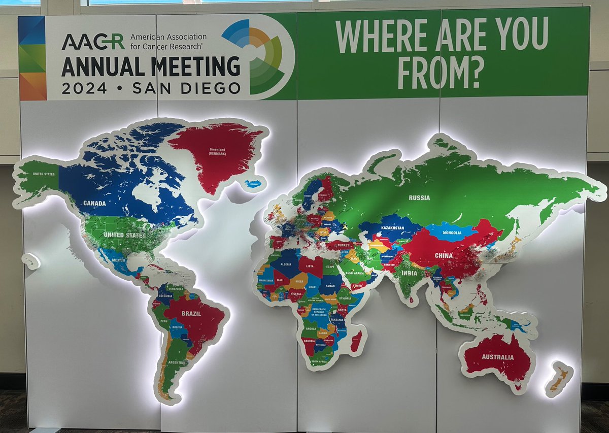 Good morning from San Diego ☀️ It’s the final day of #AACR24, and check out the push pins on this map - Massey is in great company! The @AACR 2024 Annual Meeting includes the best and brightest scientists from around the world. Follow our feed today for highlights.