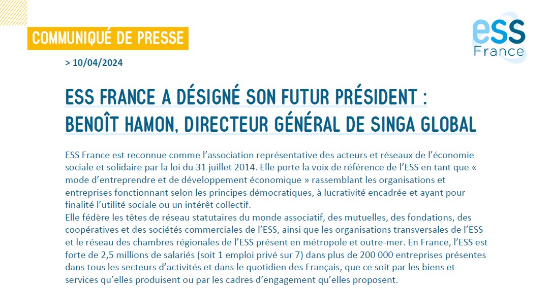 Félicitations au nouveau Président d’@ESS_France, @benoithamon. Je connais la sincérité de son engagement, expertise et ambitions pour le passage à l’échelle de l’ESS. Je ne doute pas que travaillerons de concert pour reconnaître cette économie à hauteur de son utilité publique.