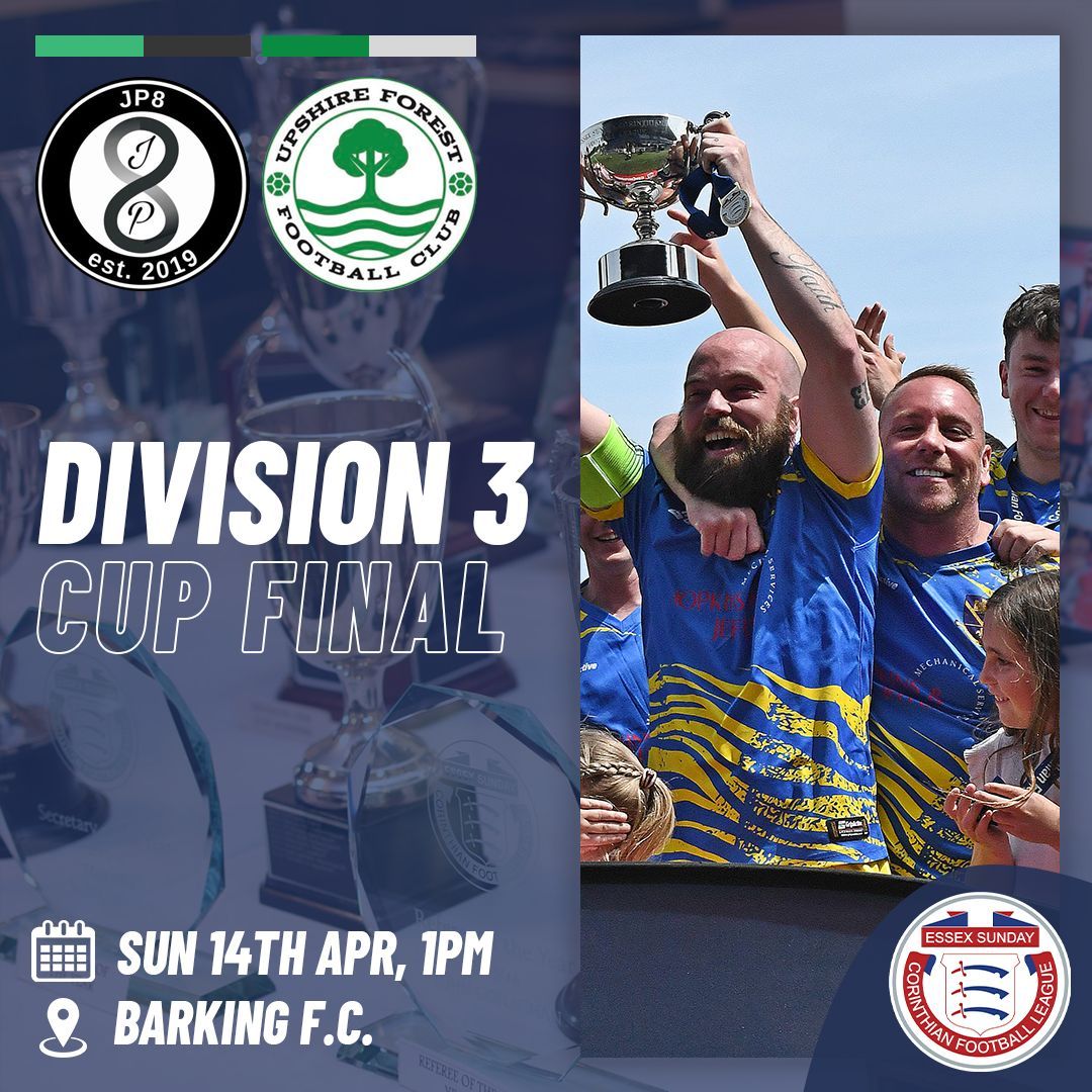 𝗗𝗜𝗩𝗜𝗦𝗜𝗢𝗡 𝟯 𝗖𝗨𝗣 𝗙𝗜𝗡𝗔𝗟 🏆

This Sunday lunchtime, the Division 3 Cup reaches it's climax at Mayesbrook Park with JP8 and Upshire Forest battling for the silverware

Kick-off 1pm with gates open from midday

#Corinthian