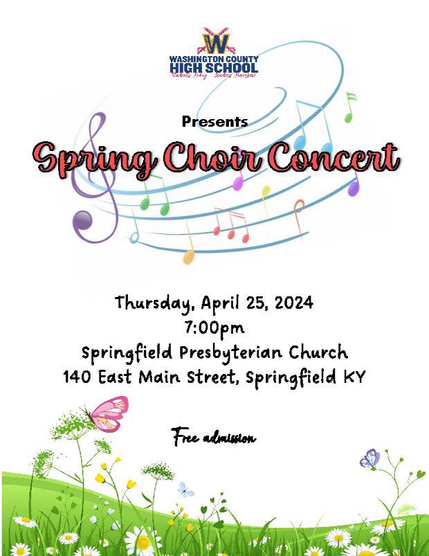 🎤SPRING CONCERT | The WCHS Choir will perform a spring concert on Thursday, April 25 at 7:00 PM at Springfield Presbyterian Church! Admission is FREE! We hope to see many come out and support our choir students. 🎶🎵🎶
 
#WCPride