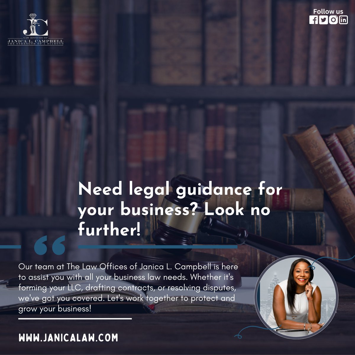 🔍 Need legal guidance for your business? Look no further! 💼 Our team at The Law Offices of Janica L. Campbell is here to assist you with all your business law needs.

Visit our website: janicalaw.com 🖥️

#LegalAdvice #BusinessLaw #LLC #Contracts #JusticeForAll