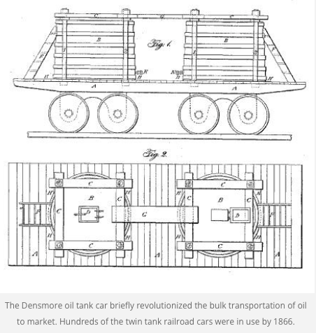 On this day in 1866: James & Amos Densmore of Meadville, PA, received a patent for their Railroad Oil Tank Car (“Improved Car for Transporting Petroleum”). The patent illustrated a design for securing two re-enforced containers on a typical railroad car. aoghs.org/this-week-in-p…