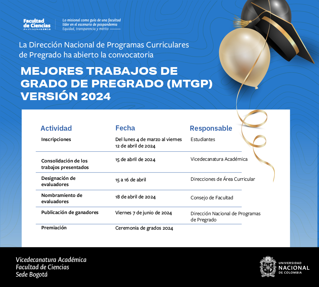 La facultad de Ciencias invita a los estudiantes que presentaron sus trabajos de grado durante  el 2023-1 y 23023-2 y obtuvieron una calificación de 5 a participar en  el Concurso Mejores Trabajos de Grado:
forms.gle/UrexFk754VwUPW… <a href="/UNALOficial/">Universidad Nacional de Colombia</a>