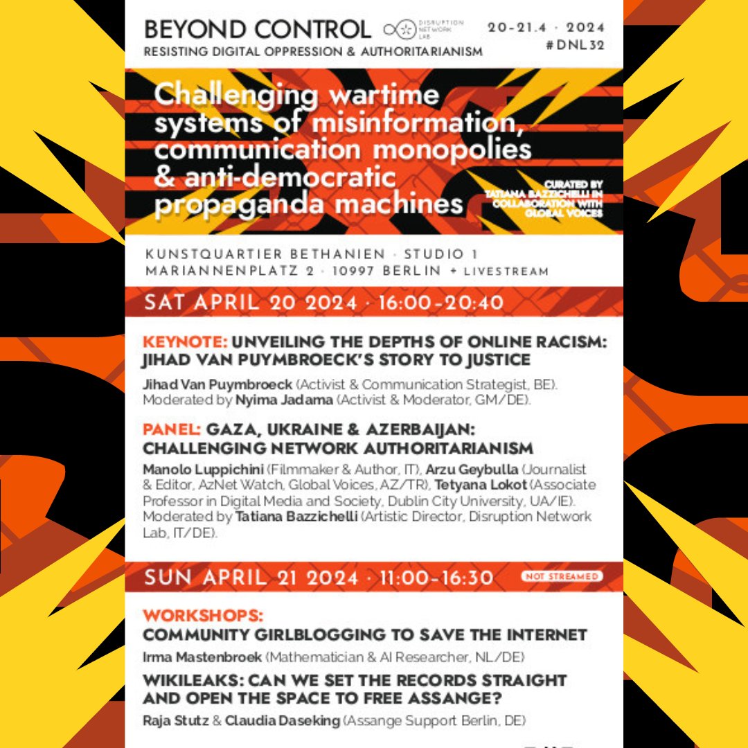 Starting this Saturday join us in #Berlin and online for the #BeyondControl conference: keynote, panel and workshops to challenge #wartime systems of #misinformation, communication #monopolies &amp; anti-democratic #propaganda. 
Learn more: dnlb.org/32
#DNL32