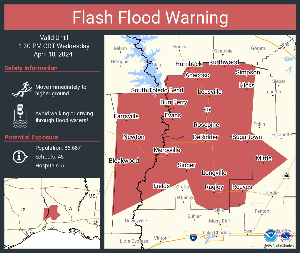 Flash Flood Warning continues for DeRidder LA, Leesville LA and New Llano LA until 1:30 PM CDT