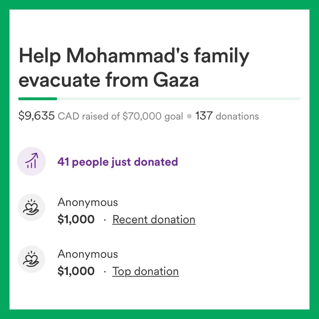 Wow! @hamada_redwan was $1000 CAD away from his current evacuation goal & someone met it in one donation last night! Please keep sharing & donating. ❗️The full goal is still $70,000 & Mohammed’s father needs urgent medical care. Convert to CAD. Donate: gofundme.com/f/building-up-…