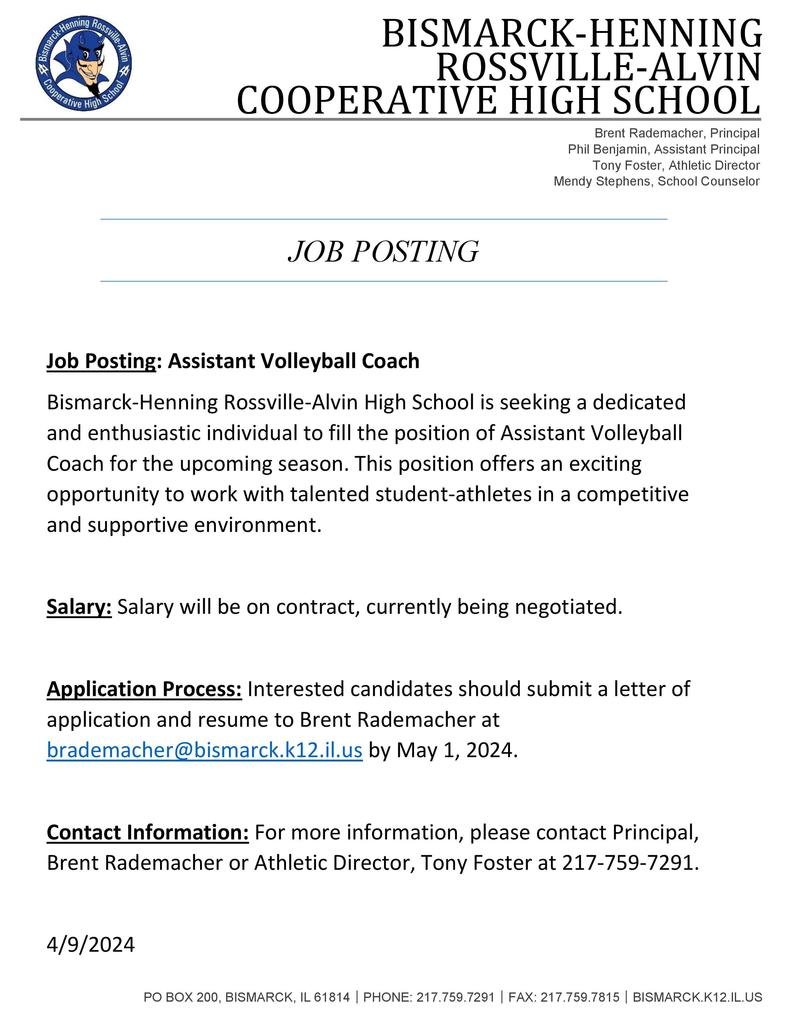 BHRA is looking for an Assistant Volleyball Coach for the 24-25 school year. Please forward all questions, letters, and resumes to Mr. Brent Rademacher at brademacher@bismarck.k12.il.us.