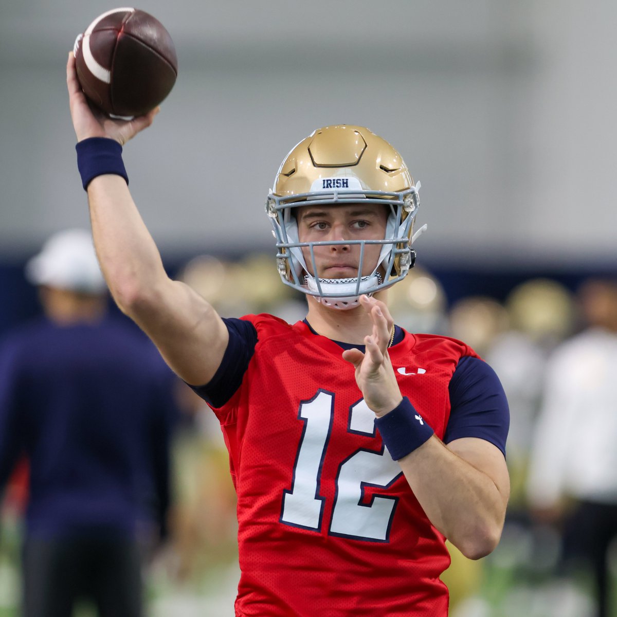 Notre Dame quarterbacks coach Gino Guidugli said freshman CJ Carr 'can really throw the ball.' “You go in there and he’s one of those guys in warm-ups where it’s like…buckle up. He’s going to be shooting at you pretty good.” on3.com/teams/notre-da…