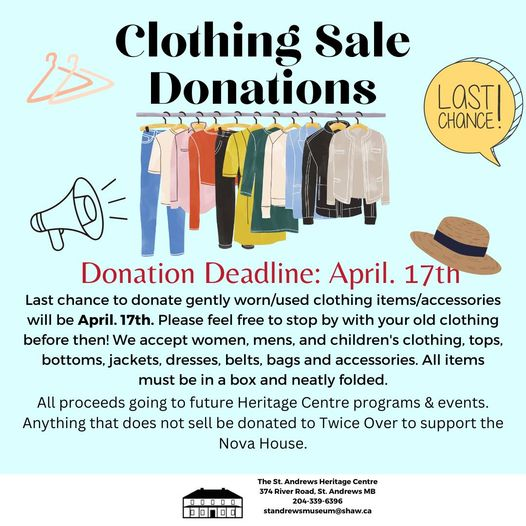 RMofstandrews's tweet photo. Clothing Sale Donations - Last call is April. 17th at closing hours! (5:00pm) Please feel free to drop off your gently worn/used clothing, make sure it is neatly folded and packed in a box. https://t.co/q59iVYgc6t