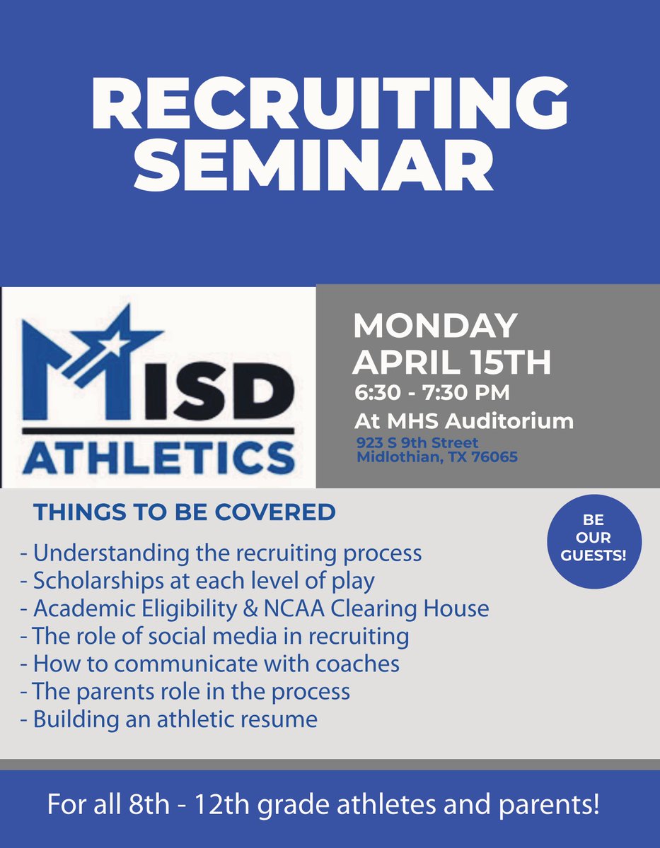 🚨All @MidlothianISD / @MISD_Athletics / @MHSPanthers / @MidloHeritage PARENTS & ATHLETES🚨 -All Sports College Recruiting Seminar Time: Monday April 15th 6:30pm Place: MHS Auditorium Who: ALL SPORTS Parents and athletes grades 8-12. You won't want to miss this!! #MISDProud