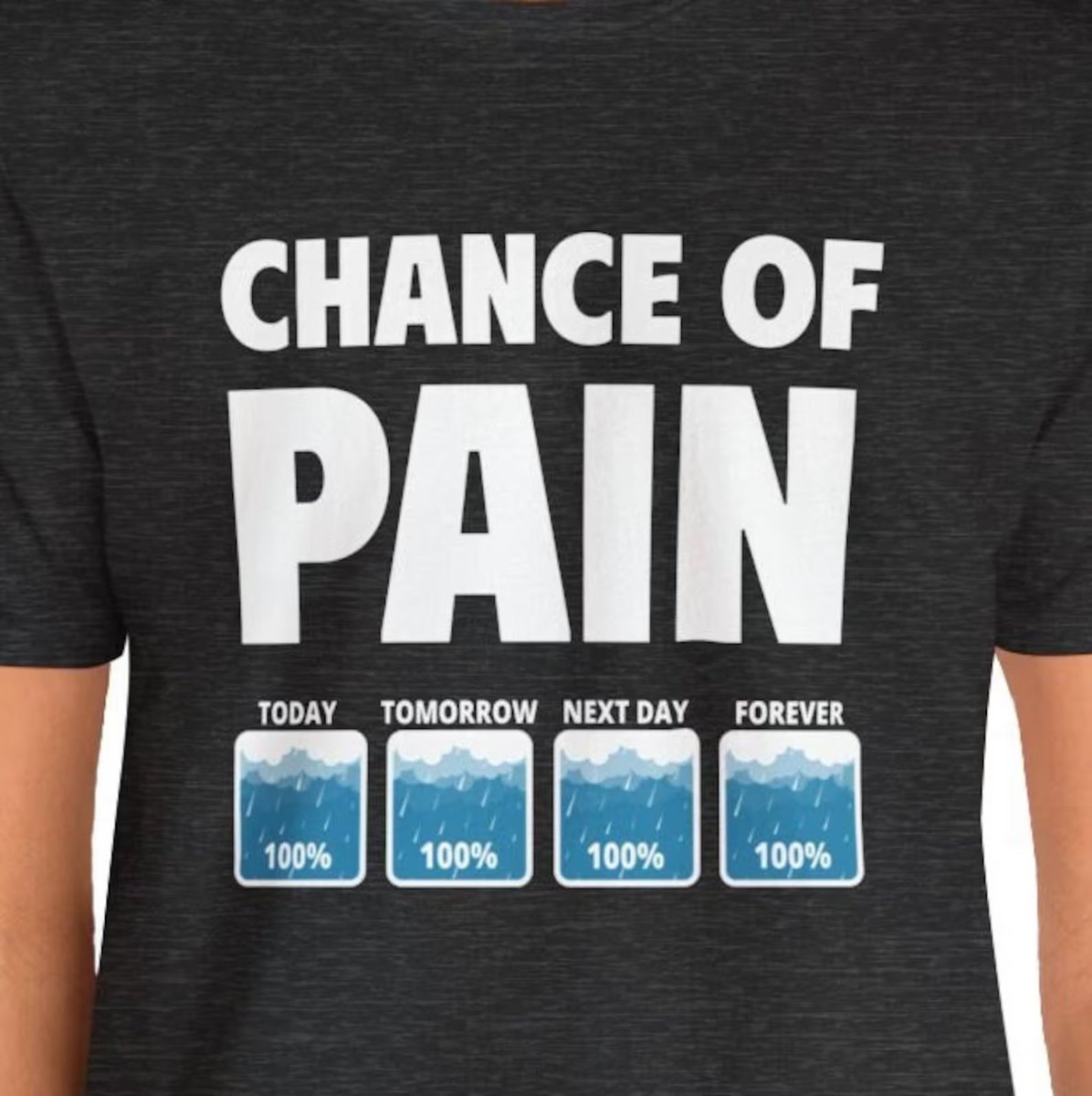 Chance of Pain 100% [ On Etsy as a tee, hoodie, and mug: tinyurl.com/yke4kcth ]

#chronicpain #chronicillness #fibromyalgia #heds #ehlersdanlos #rheumatoidarthritis #spoonie #spooniehumor #chronicillnesstshirt #chronicillnessmemes #spoonielife