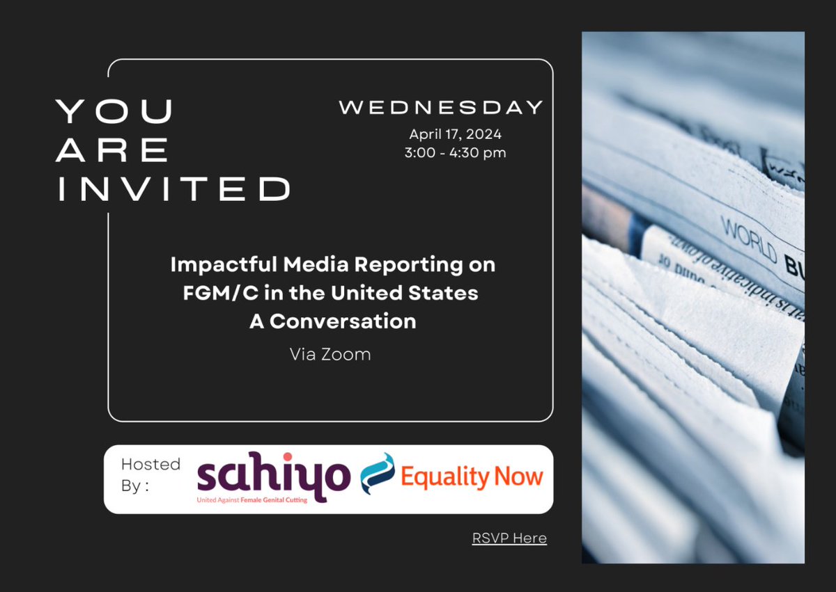 Calling journalists, reporters, and other media professionals to join us and @equalitynow on April 17th at 3pm EST for a webinar on Media Engagement on the topic of female genital mutilation/cutting (FGM/C). 📲Register today: eventbrite.com/e/impactful-me…