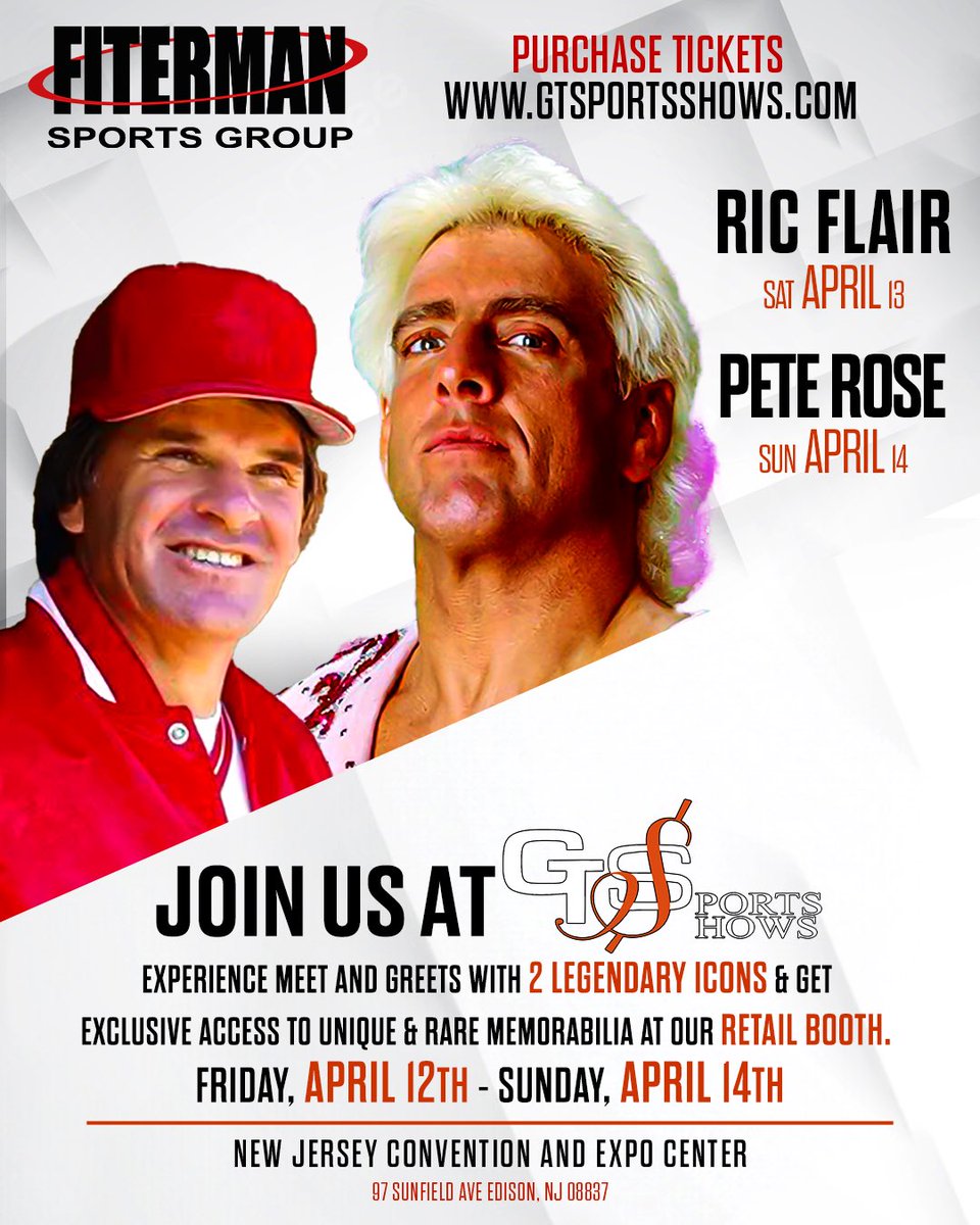 🤩 🎉 Join us this weekend at the GTSM Shows on April 12th - 14th, where the icons @RicFlairNatrBoy and @PeteRose_14 will be meeting fans for an autograph signing. — Plus, don’t forget to swing by our retail booth to shop some goodies! 👉 Tickets: gtsportsshows.com