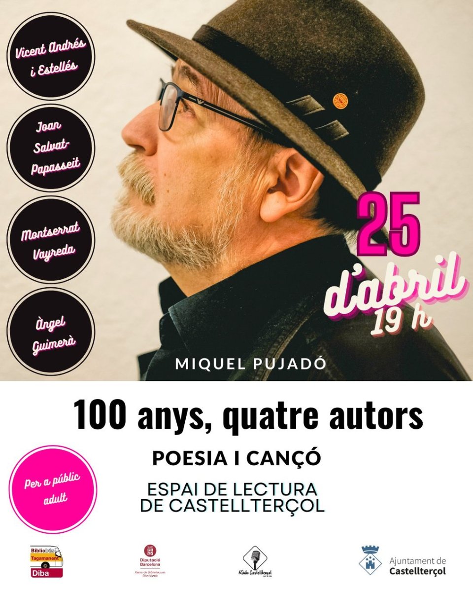 🗓️ El 25 d'abril Miquel Pujadó omplirà 📍 l'Espai de Lectura de #Castellterçol de 🎶 poesia i cançó!

T'esperem a les ⏰ 19 hores per passar una bona estona!
✋ Per a públic adult

@diba 
#cultura