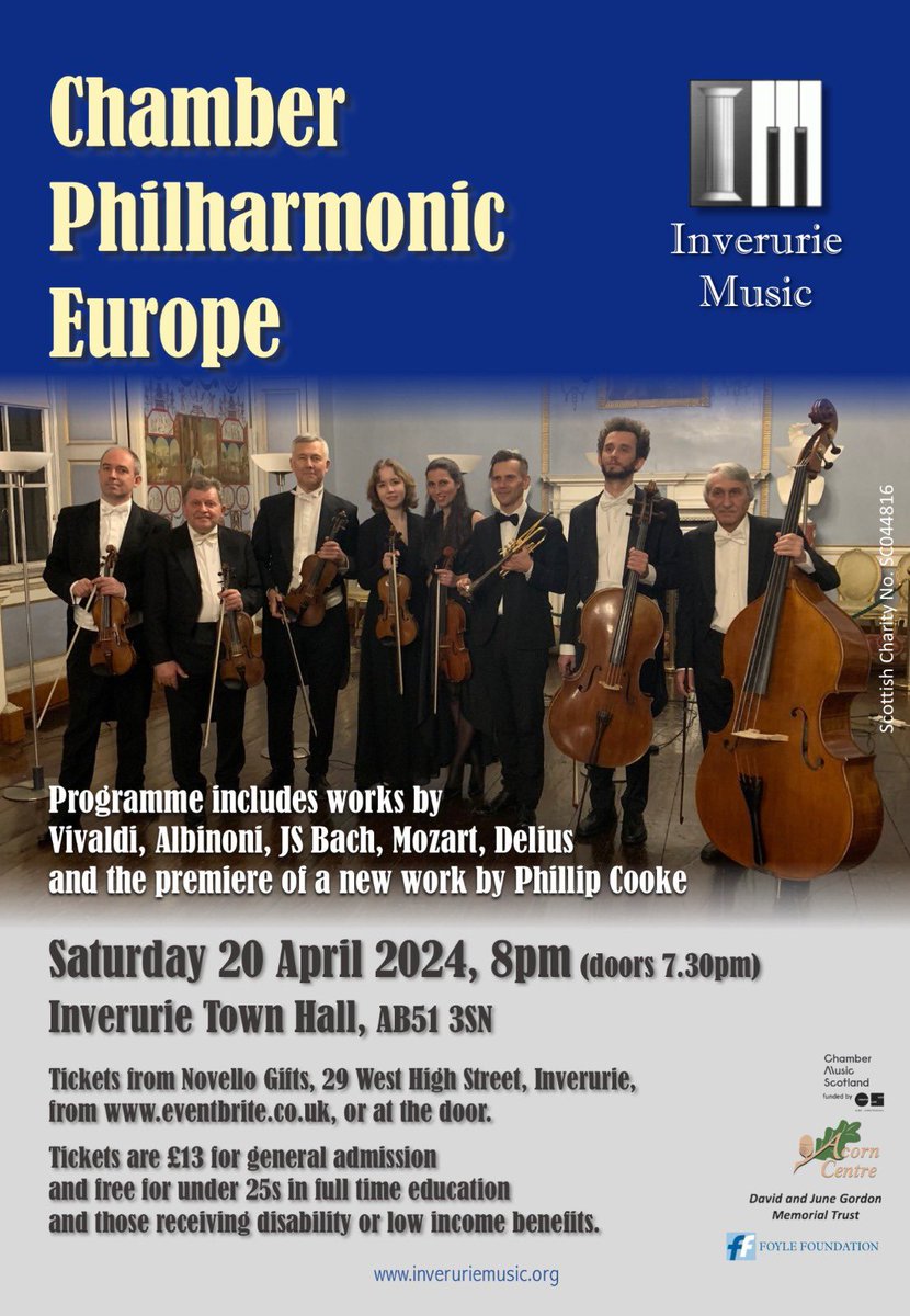 The next Inverurie Music concert is on SATURDAY 20 April at 20.00 at Inverurie Town Hall. A wonderful programme of Baroque and English music from Chamber Philharmonic Europe including a premiere from @PCookeComposer - tickets from the usual places.