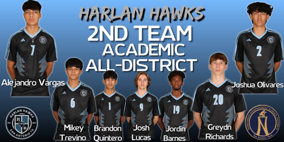 We couldn't be more proud of the Excellence these young men exemplify in the classroom and on the field! Academic All-District Awards! 📚⚽️📚⚽️ #HawkYeah #ScholarAthletes @NISDHarlan @NISD @6a_28 @Soy_SAF @SATXSoccer @50_50Pod