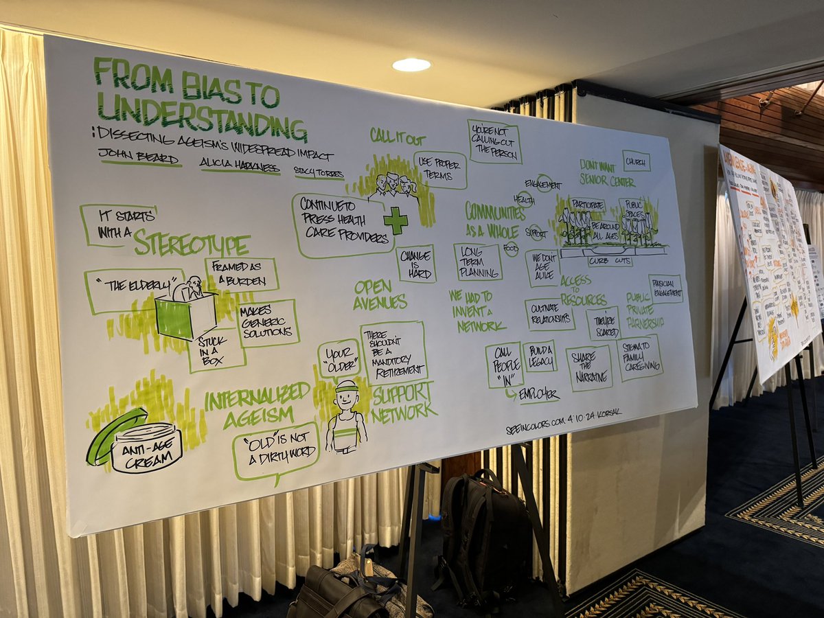 tjordanmiles3's tweet image. As The @ReframingAging 2024 Summit networking lunch continues, take a look at these infographics based on our panel discussions by seeincolors.com! The artist is doing a wonderful job as we learn to combat ageism and #reframeaging in how we communicate! @geronsociety