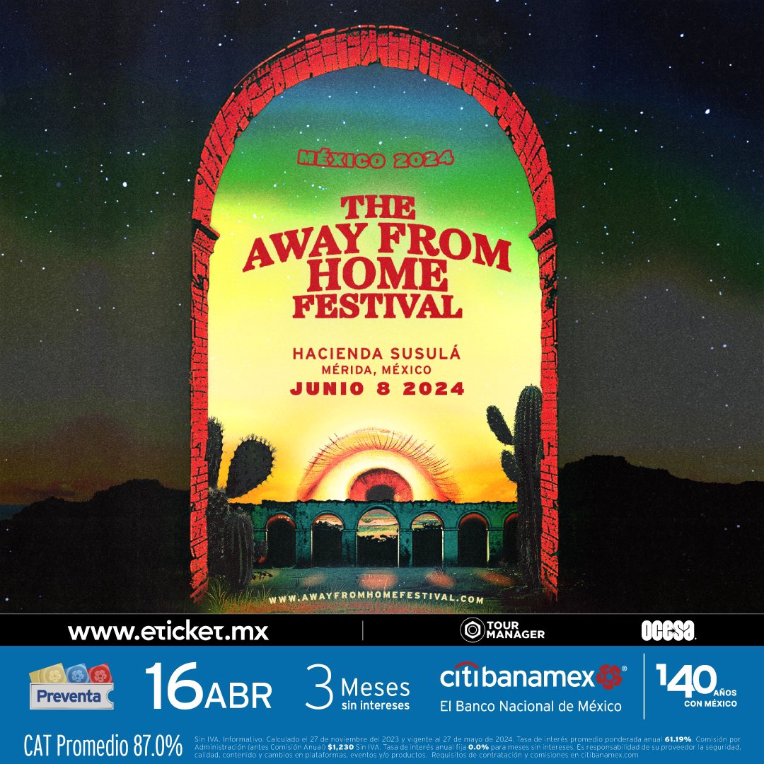 ¡The Away From Home Festival llega por primera vez a México! Este 8 de junio nos encontraremos en Mérida como sede oficial de #AFH24. ☀❤ 

Para tener acceso a la venta fans regístrate en awayfromhomefestival.com

#PreventaCitibanamex: 16 de abril a partir de las 11am. 
Venta…