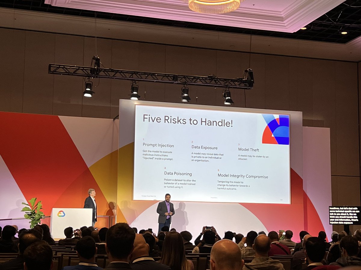11Ruchika's tweet photo. @anton_chuvakin and Shan Rao talking about Google Cloud ‘s Secure AI Framework. Bookmark this session “A cybersecurity expert's guide to securing AI products with Google SAIF” for on-demand video! 

#GoogleCloudNext @googlecloud @GoogleCloudTech 

https://t.co/szyCs9xlSa https://t.co/fLF1BbMc6W