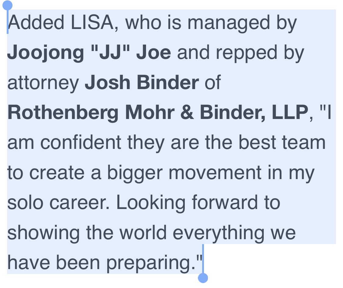 LaliceUpdates's tweet image. Added LISA, who is managed by Joojong &quot;JJ&quot; Joe and repped by attorney Josh Binder of Rothenberg Mohr &amp;amp; Binder, LLP, “I am confident they are the best team to create a bigger movement in my solo career. Looking forward to showing the world everything we have been preparing.”  

🔗…