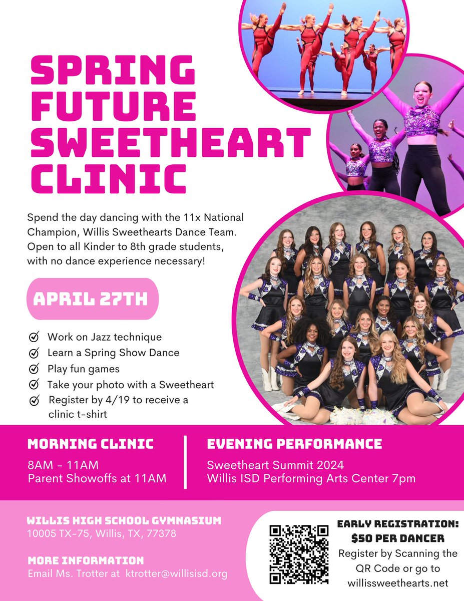 Join the Willis High School Sweethearts for their Spring Future Sweetheart Clinic! ⭐️🩰 Participants will learn a dance for the spring show, work on jazz technique and more! Register here ➡ tinyurl.com/sweetheartscli… For more information ➡️ willissweethearts.net