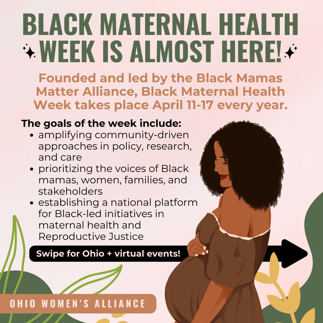 Scroll to learn more about the events taking place virtually and in Ohio in the days ahead for Black Maternal Mental Health Week, including events from @BlkMamasMatter, @ROOTTRJ, and @MamatotoVillage! #blackmaternalhealthweek #reproductivejustice