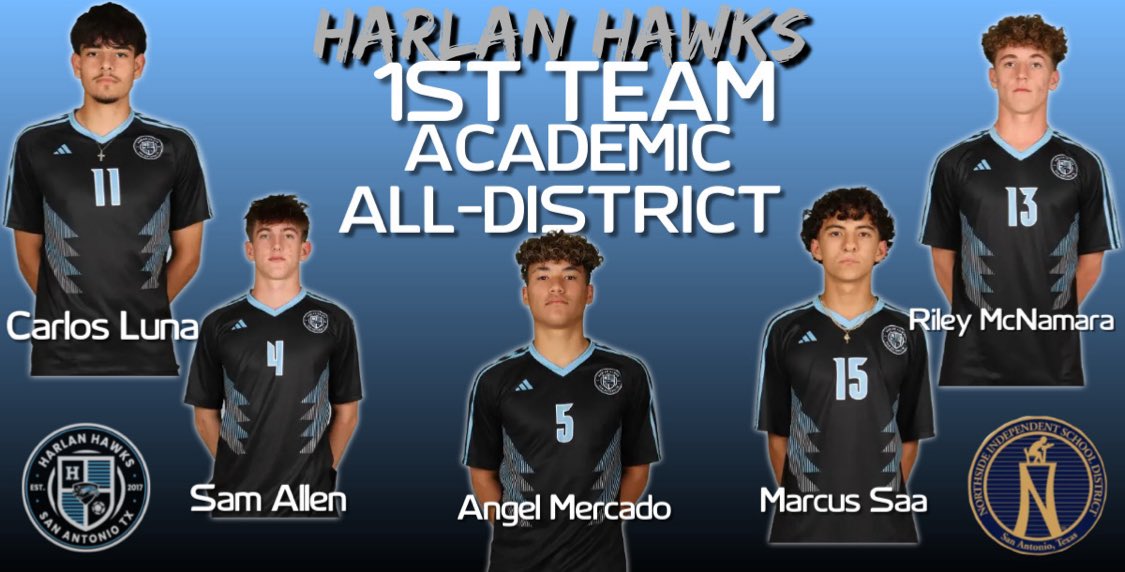 We couldn't be more proud of the Excellence these young men exemplify in the classroom and on the field! Academic All-District Awards! 📚⚽️📚⚽️ #HawkYeah #ScholarAthletes @NISDHarlan @NISD @6a_28 @Soy_SAF @SATXSoccer @50_50Pod