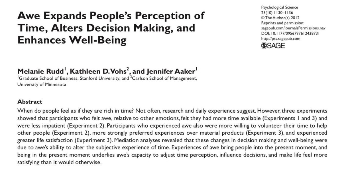 Awe is good for us, research suggests—experiencing awe makes us perceive we have more time available, more willing to spend time help others and more patient, and momentarily boosts our life satisfaction: buff.ly/3xoW4Cg