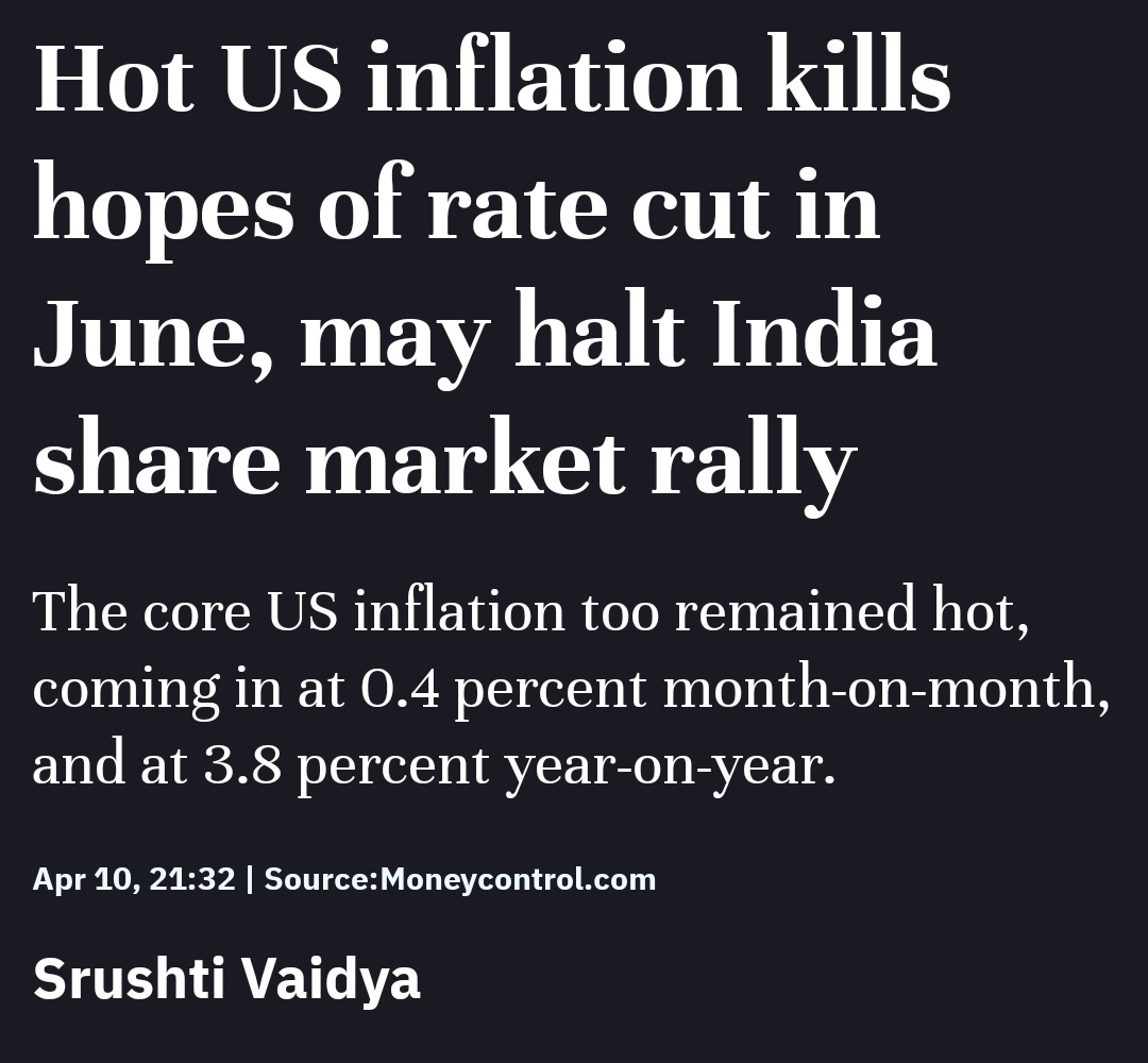 Hot US inflation dashes hopes of a rate cut in June, potentially halting the Indian share market rally. 📉 

The market has already turned negative, with the Gift Nifty dropping 170 points and the Dow Jones falling by 500 points.

#inflation
#MarketNews #InflationImpact #RateCut