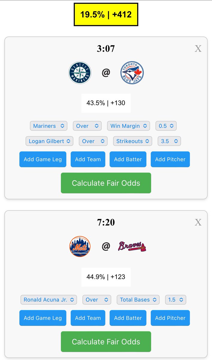 Grateful to see that a lot of people have been trying out our new Parlay Calculator 🙌 See what our BP models view as fair odds across single OR multi-game parlays, including same-game correlations! 🔗ballparkpal.com/ParlayCalculat… Quick, easy customization every day ⬆️