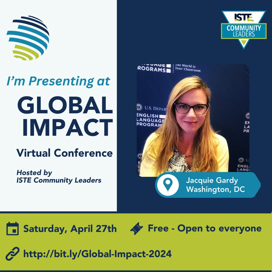 📣Come join and register (FREE) for this incredible virtual experience put on by @ISTEcommunity!

👩‍🏫 I'm presenting 'English Teaching Resources to Enhance Teaching and Learning.'

🗓️ Register here! bit.ly/Global-Impact-…

#ISTE #ISTECommunityLeaders #GlobalImpact #EdTech #TESOL