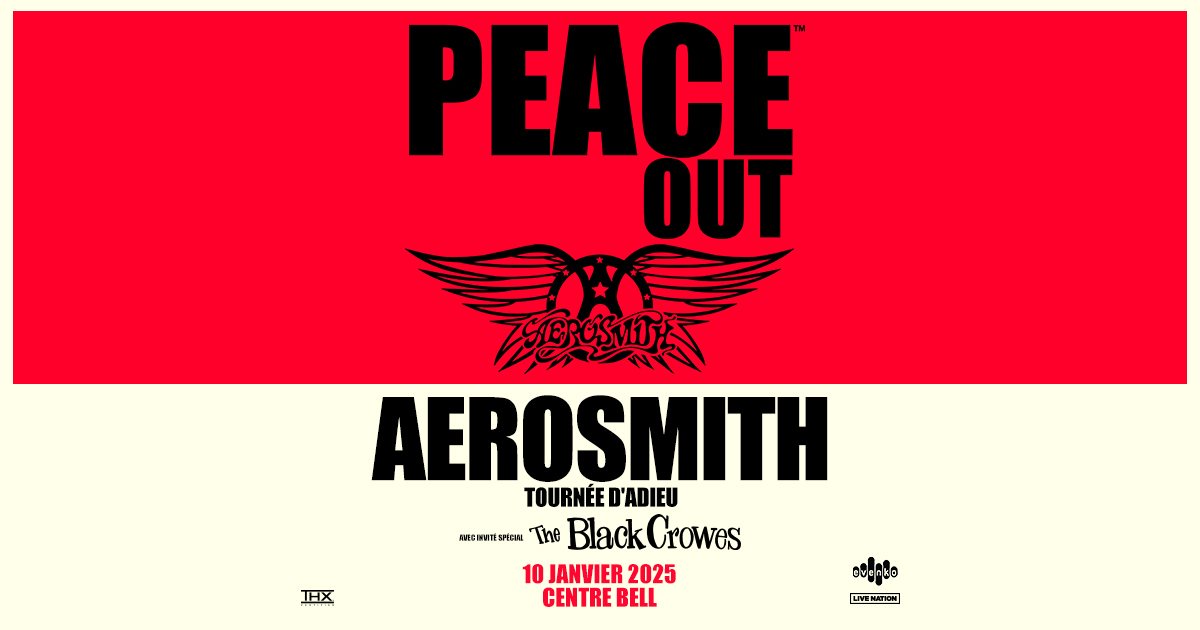 NOUVELLE DATE // NEW DATE Aerosmith dit, PEACE OUT. La tournée d'adieu avec The Black Crowes arrive au Centre Bell le 10 janvier 2025! 🤘 Billets en vente vendredi à 10h (Les billets déjà achetés seront valides pour la nouvelle date) 🎫 - Aerosmith says, PEACE OUT. The…