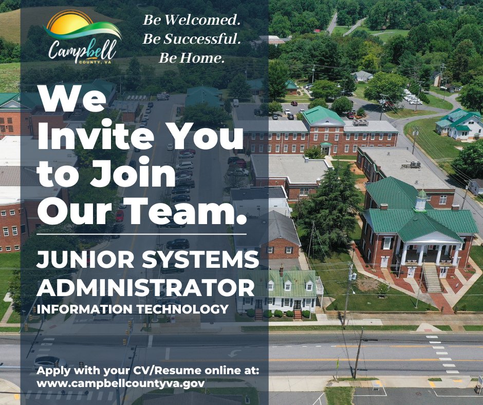 #NowHiring #InformationTechnology #SystemsAdministrator

Campbell County Department of Information Technology is actively recruiting a Junior Systems Administrator. We invite you to join our team of dedicated professionals. Apply online at: ow.ly/7KkO50Qrtbl