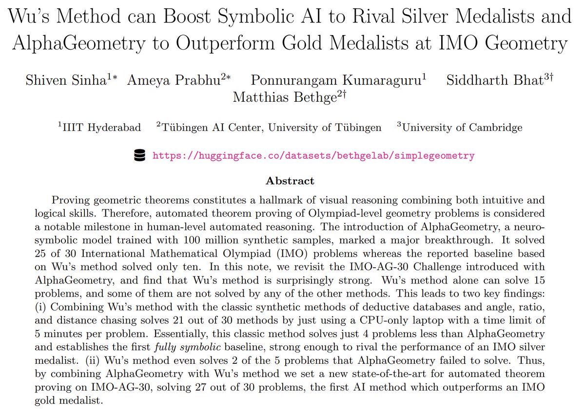 Excited to announce our preprint!

We develop a symbolic system for IMO Geometry that can rival Silver Medalists. Combined with AlphaGeometry, it outperforms IMO Gold Medalists in Geometry for the first time 🏅 

arxiv.org/abs/2404.06405