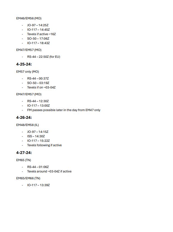 - Mississippi River Rove 2024 - 

April 22-27 I am planning a whirlwind rove covering 16 grids, namely EM43-48, 52-58, 62, 65, and 66. Tentative pass schedule attached below, will post on hams.at closer to the date! 

@GridMasterMap @k5zm_ #amsat #amsatrovers